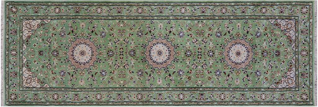 Green 2' 10" X 8' 3" Wool & Silk Persian Nain Hand Knotted Runner Rug - Q24102