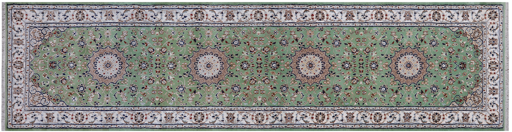 Green 2' 7" X 10' 2" Wool & Silk Persian Nain Hand Knotted Runner Rug - Q24103