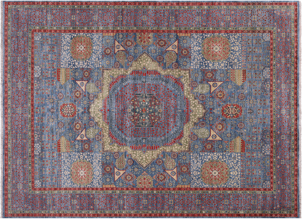 Blue 9' 2" X 12' 5" Geometric Mamluk Hand Knotted Wool Rug - Q24104
