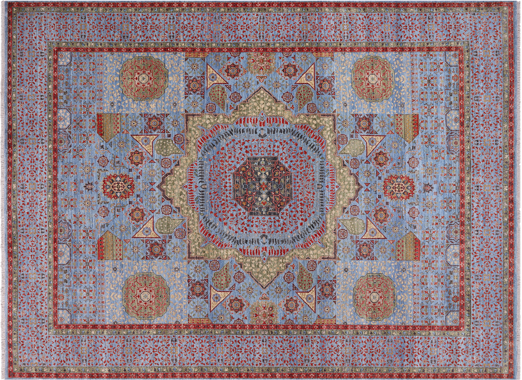 Blue 9' 1" X 12' 3" Geometric Mamluk Handmade Wool Rug - Q24105