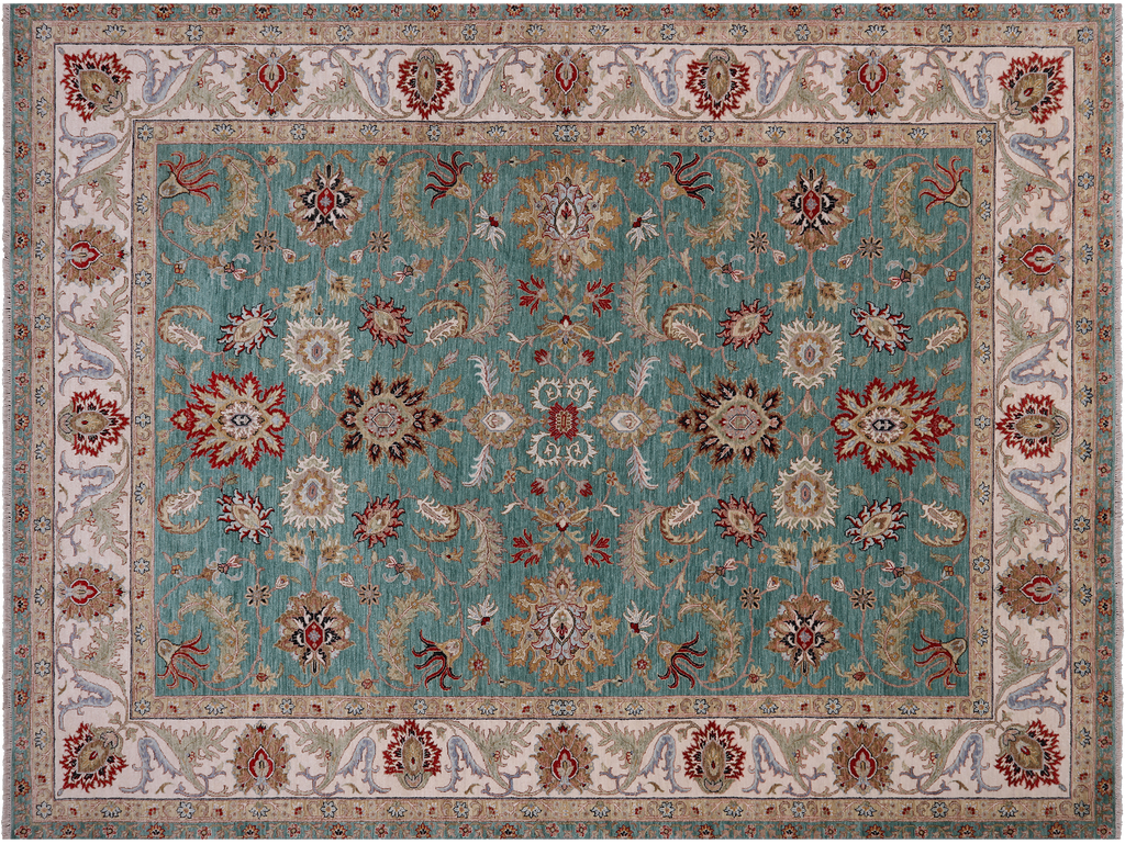 Green 9' 1" X 12' 1" Persian Tabriz Handmade Wool Rug - Q24106