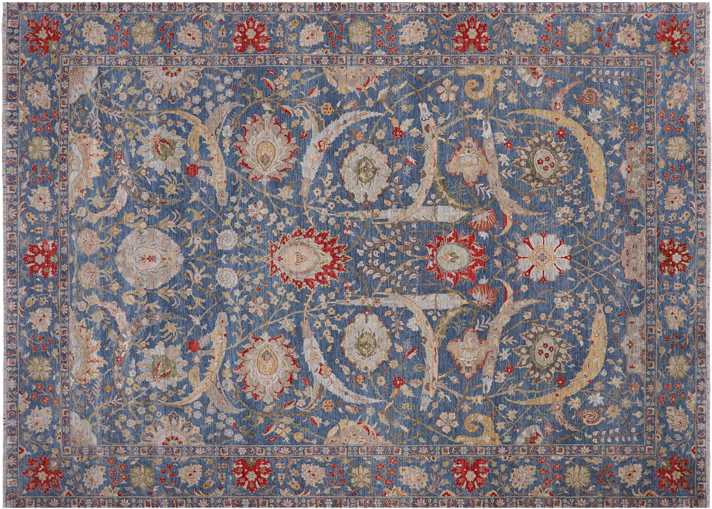 Blue 10' 1" X 14' 1" Persian Sickle Leaf Design Handmade Wool Rug - Q24109