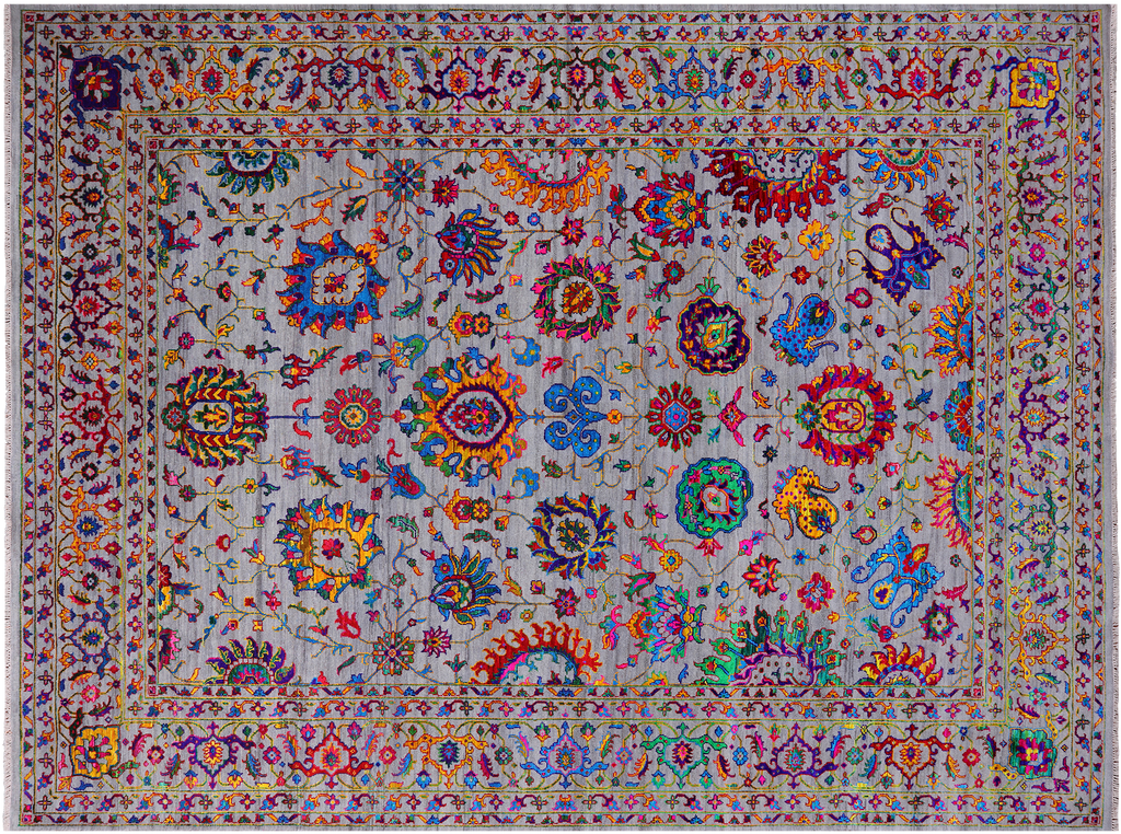 Grey 9' 0" X 12' 0" Persian Tabriz Handmade Wool & Silk Rug - Q24112