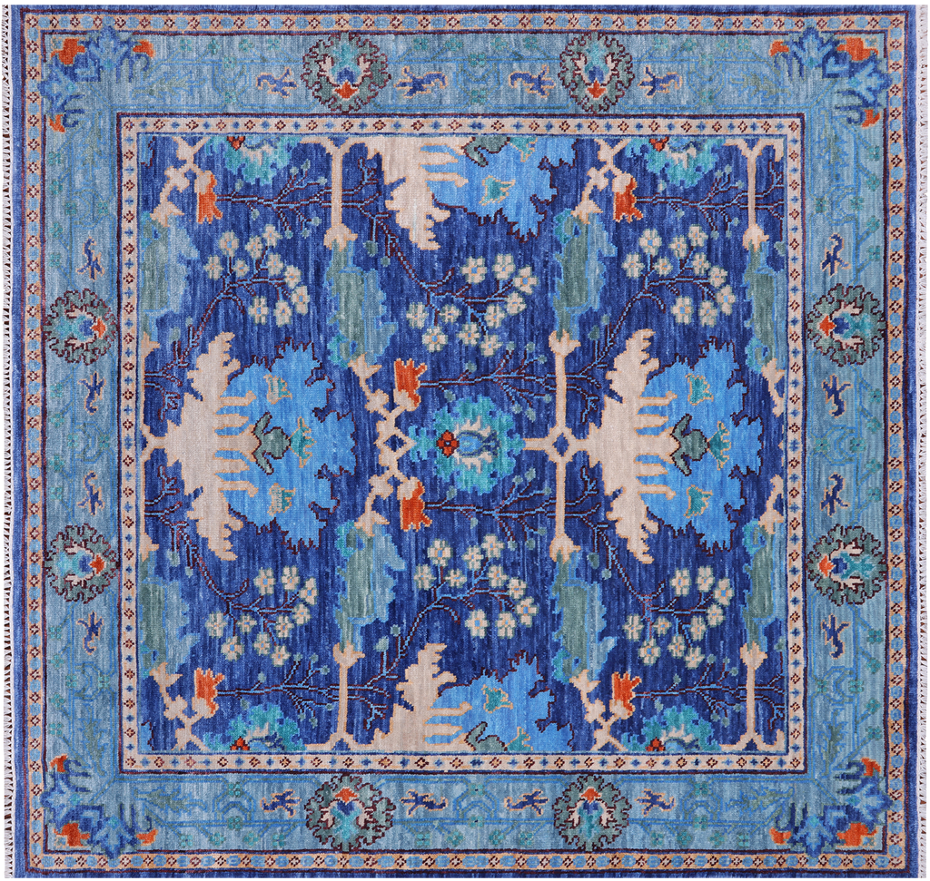 Blue 7' Square Handmade Wool William Morris Rug - Q24139