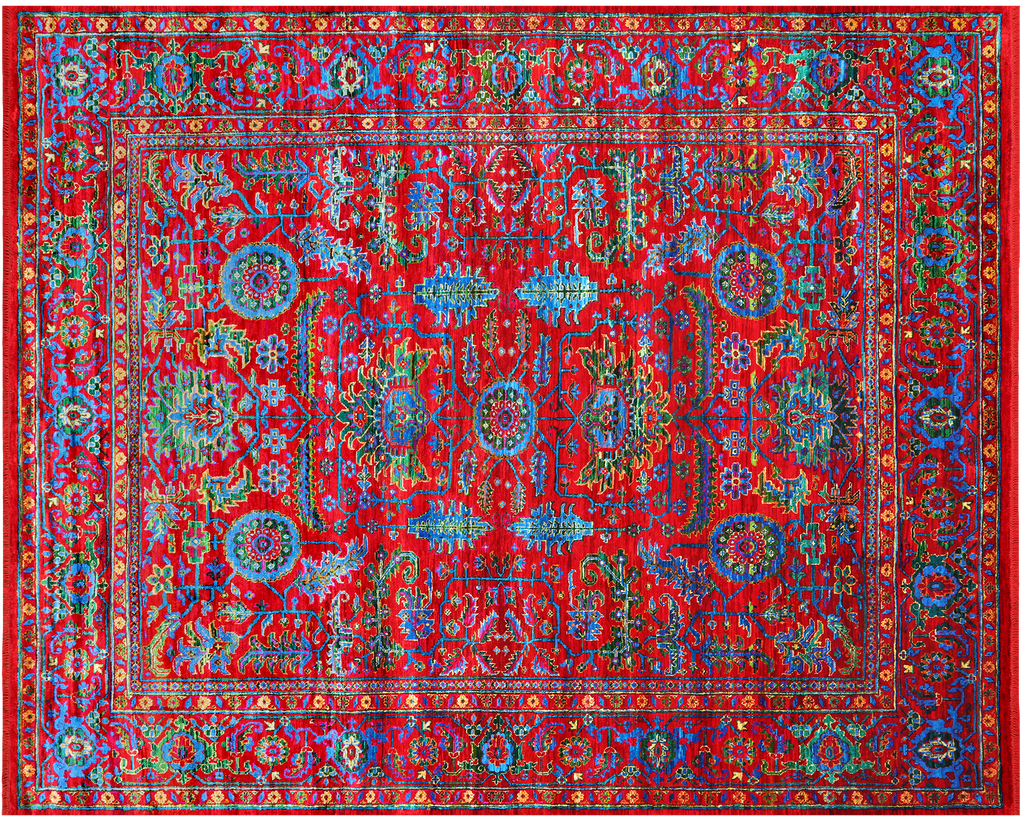 Red 8' 0" X 9' 10" Persian Heriz Serapi Hand Knotted 100% Silk Rug - Q24158