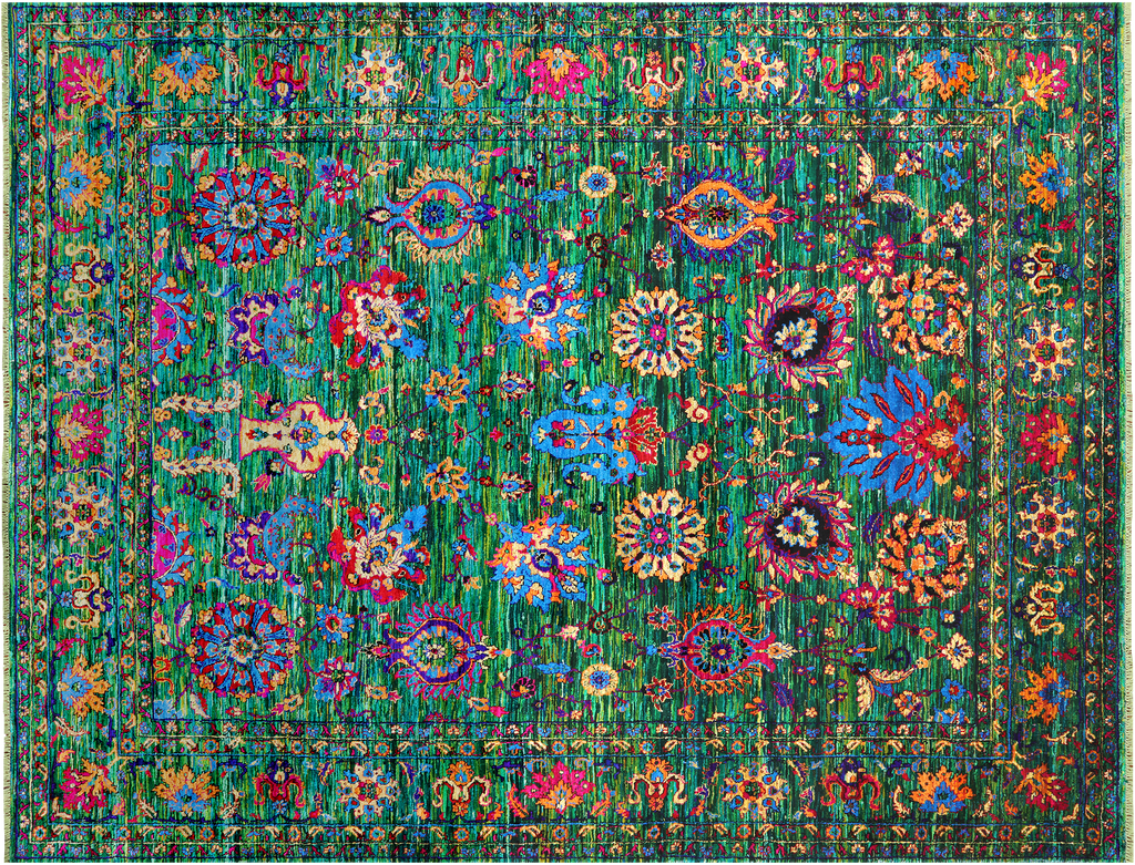 Green 7' 10" X 10' 6" Persian Tabriz Handmade 100% Silk Rug - Q24160