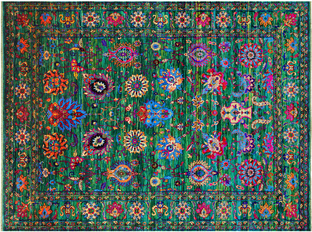 Green 9' 0" X 12' 2" Persian Tabriz Handmade Silk Rug - Q24161