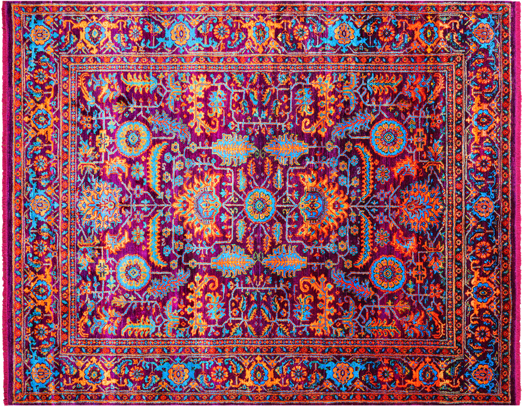Purple 8' 0" X 10' 2" Persian Heriz Serapi Hand Knotted 100% Silk Rug - Q24162