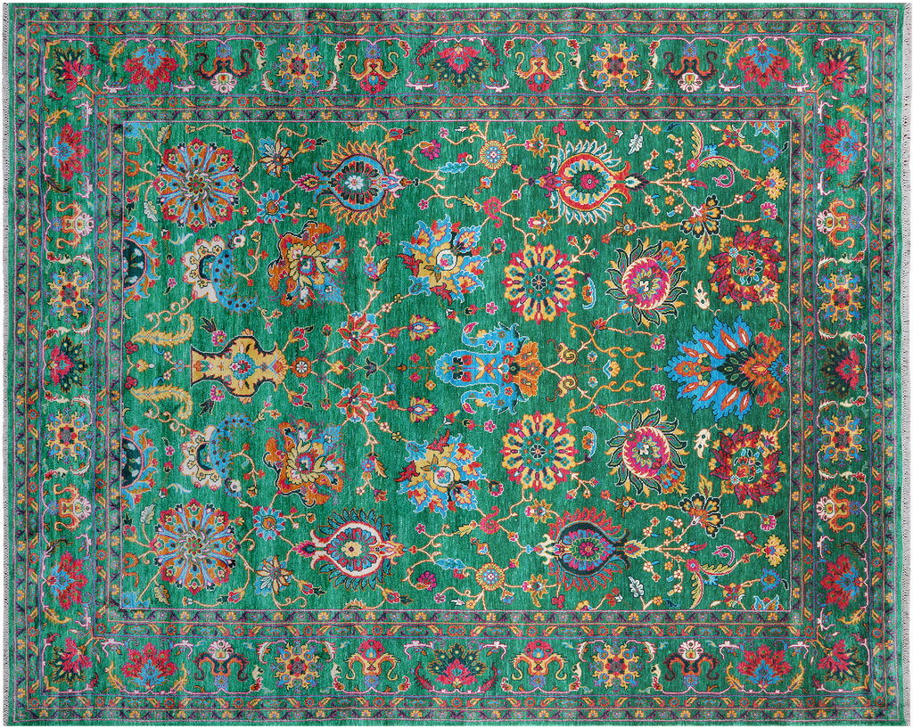 Green 8' 1" X 10' 0" Persian Tabriz Handmade 100% Silk Rug - Q24164