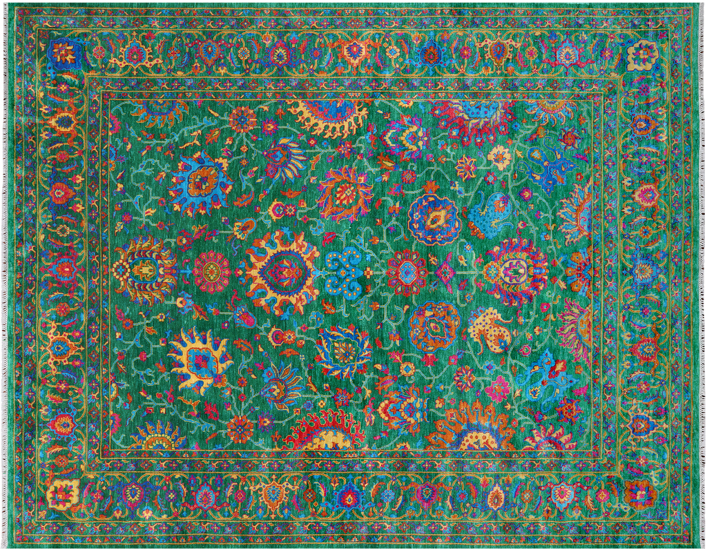 Green 8' 0" X 10' 2" Persian Tabriz Hand-Knotted 100% Silk Rug - Q24165