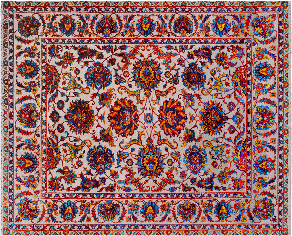 Ivory 8' 1" X 10' 0" Wool & Silk Persian Tabriz Hand Knotted Rug - Q24166