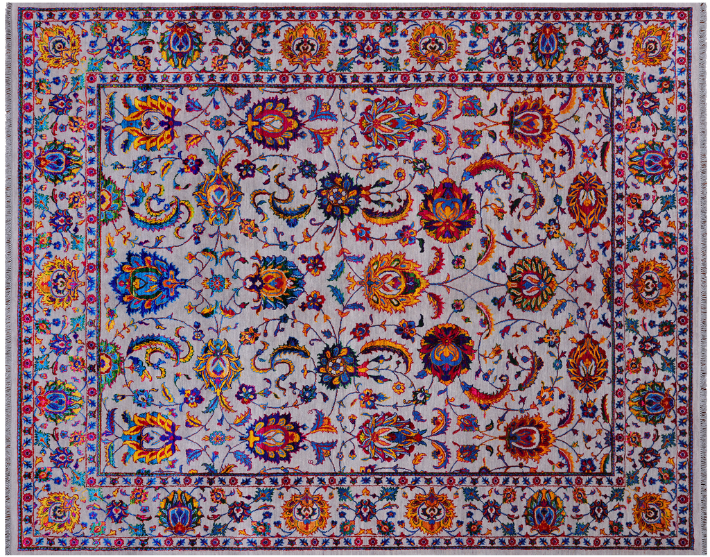 Grey 8' 0" X 10' 1" Wool & Silk Persian Tabriz Handmade Rug - Q24167