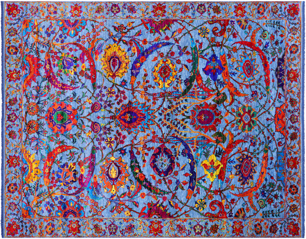Blue 8' 0" X 10' 4" Persian Sickle Leaf Design Hand-Knotted Wool & Silk Rug - Q24168