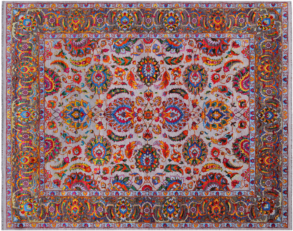 Grey 7' 11" X 9' 11" Wool & Silk Persian Tabriz Hand Knotted Rug - Q24169