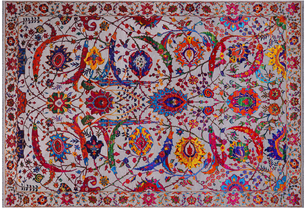Grey 10' 0" X 14' 11" Persian Sickle Leaf Design Handmade Wool & Silk Rug - Q24170