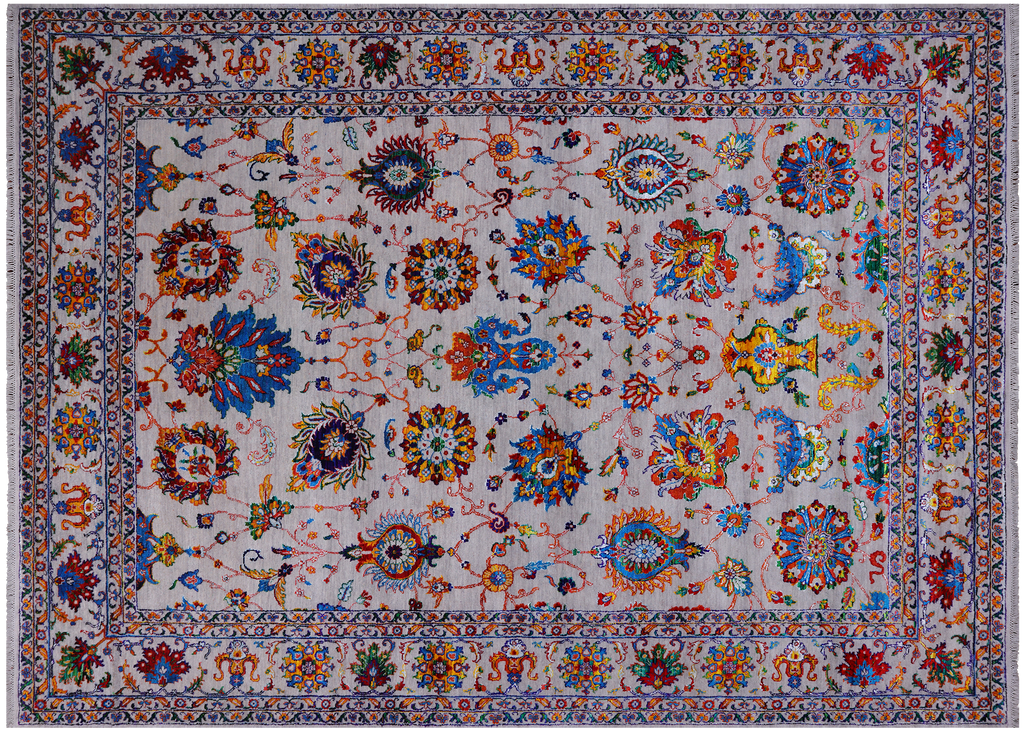 Grey 8' 8" X 12' 1" Persian Tabriz Hand-Knotted Wool & Silk Rug - Q24174