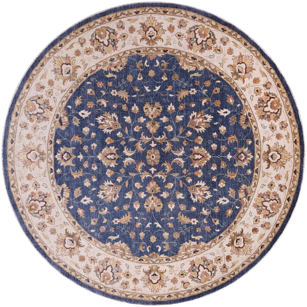 Blue 10' Round Peshawar Handmade Wool Rug - Q24182