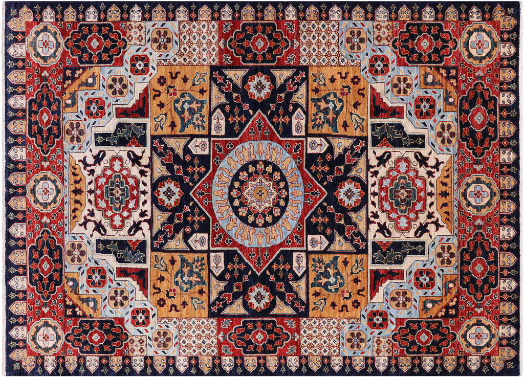 Blue 5' 7" X 7' 9" Geometric Mamluk Handmade Wool Rug - Q24186