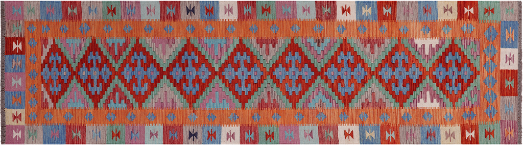 SUPER SALE 2' 9" X 9' 7" Runner Reversible Kilim Flat Weave Wool On Wool Rug - Q24213