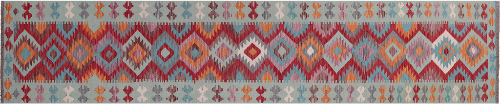 SUPER SALE 2' 9" X 12' 9" Runner Reversible Kilim Flat Weave Wool On Wool Rug - Q24246