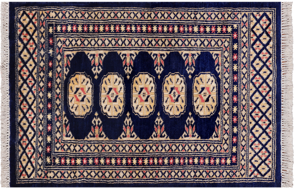 Navy Blue 2' 0" X 3' 1" Silky Bokhara Hand Knotted Wool Rug - Q24328