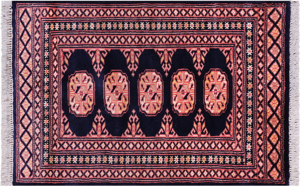 Navy Blue 1' 11" X 3' 0" Silky Bokhara Hand Knotted Wool Rug - Q24359