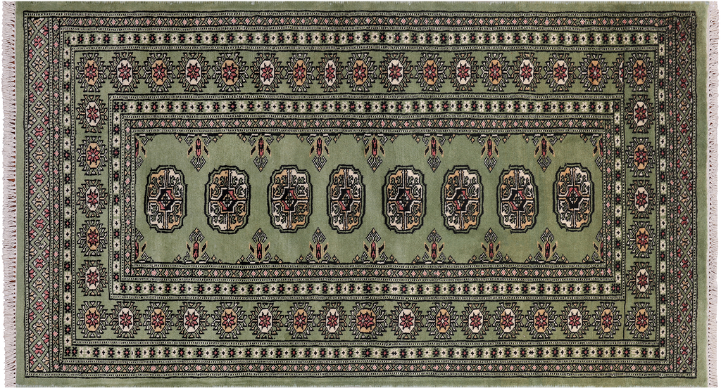 Green 3' 1" X 5' 7" Runner Silky Bokhara Hand-Knotted Wool Rug -Q24446