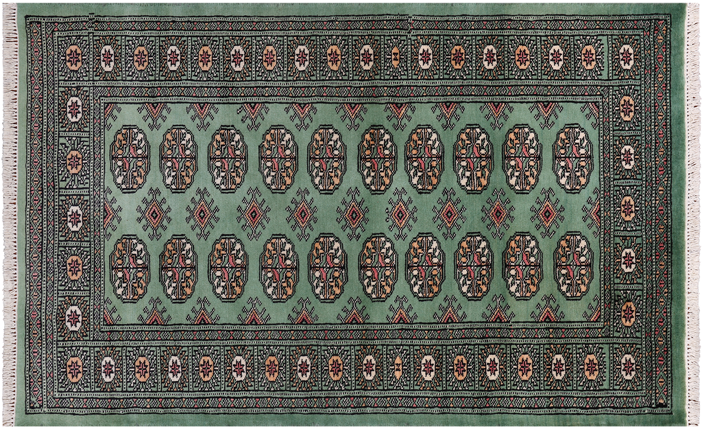 Green 3' 1" X 4' 11" Silky Bokhara Hand Knotted Wool Rug - Q24472