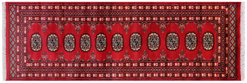 Red 2' 0" X 6' 0" Runner Silky Bokhara Hand Knotted Wool Rug - Q24536