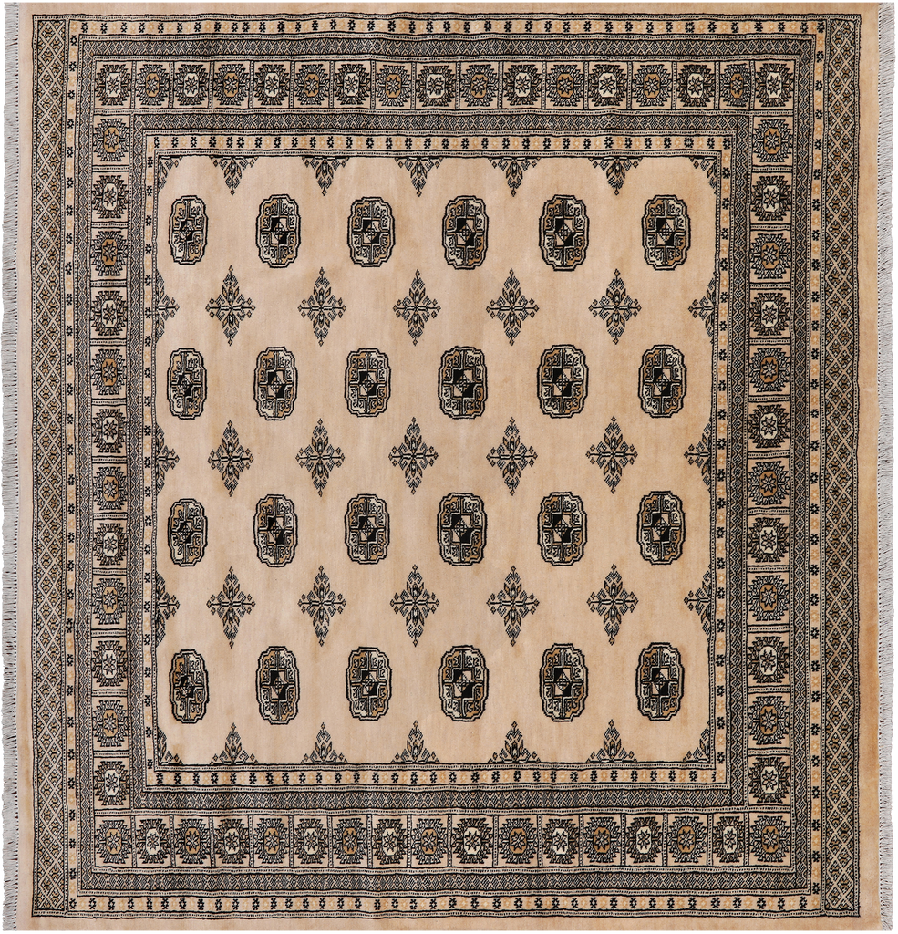 Beige 6' 7" X 6' 3" Square Silky Bokhara Handmade Wool Rug - Q24761