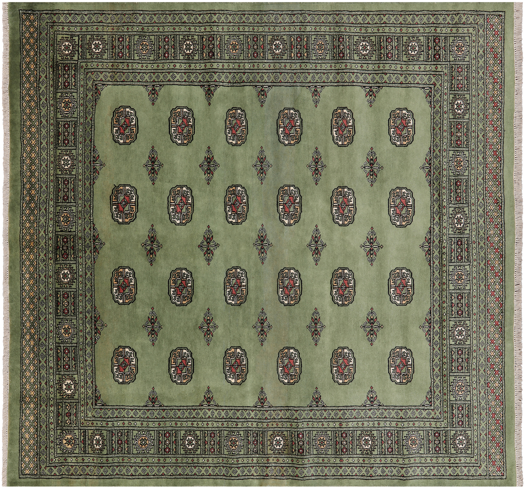 Green 7' Square Silky Bokhara Hand Knotted Wool Rug - Q24762
