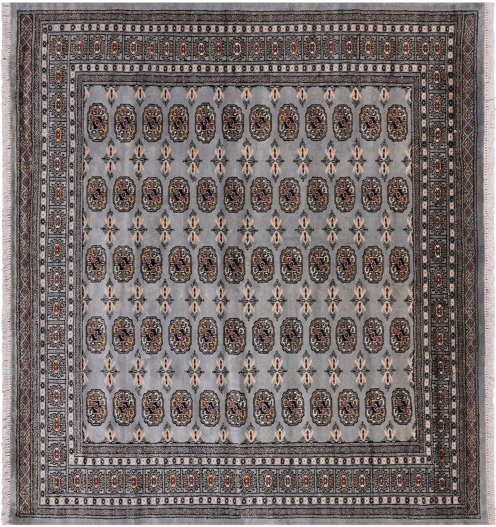 Grey 6' 8" X 6' 0" Square Silky Bokhara Hand-Knotted Wool Rug - Q24766