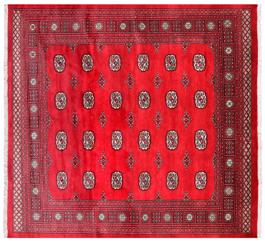 Red 7' Square Silky Bokhara Hand-Knotted Wool Rug - Q24767