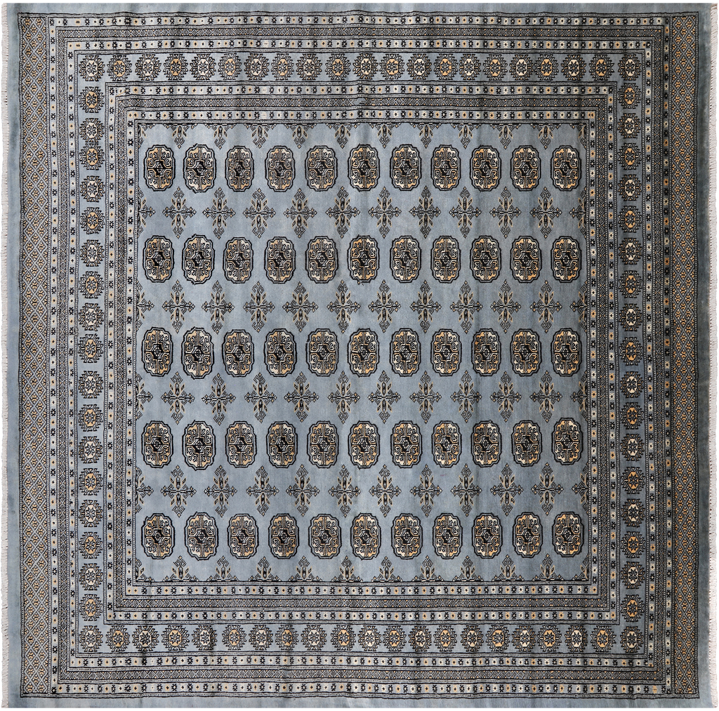 Grey 8' Square Silky Bokhara Hand Knotted Wool Rug - Q24779