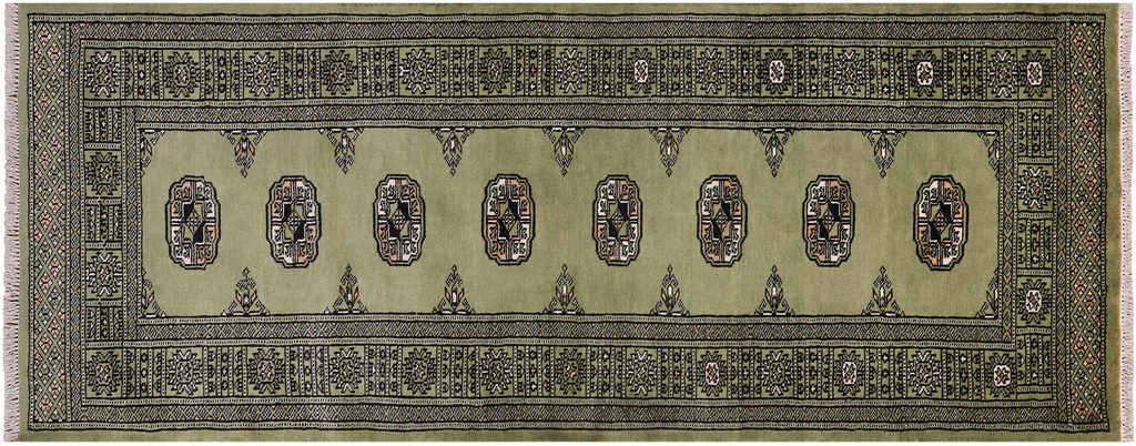 Green 2' 6" X 6' 9" Runner Silky Bokhara Handmade Wool Rug - Q24789