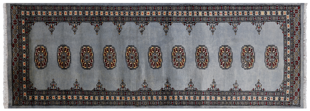 Grey 2' 6" X 7' 5" Runner Silky Bokhara Hand-Knotted Wool Rug - Q24816