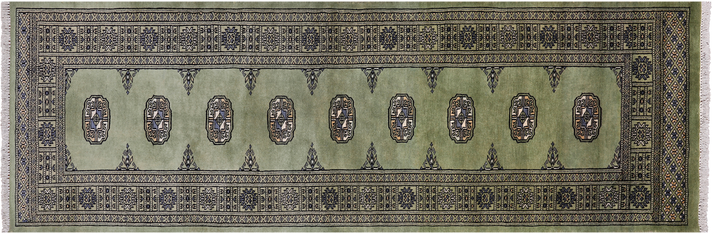 Green 2' 6" X 7' 7" Runner Silky Bokhara Handmade Wool Rug - Q24825