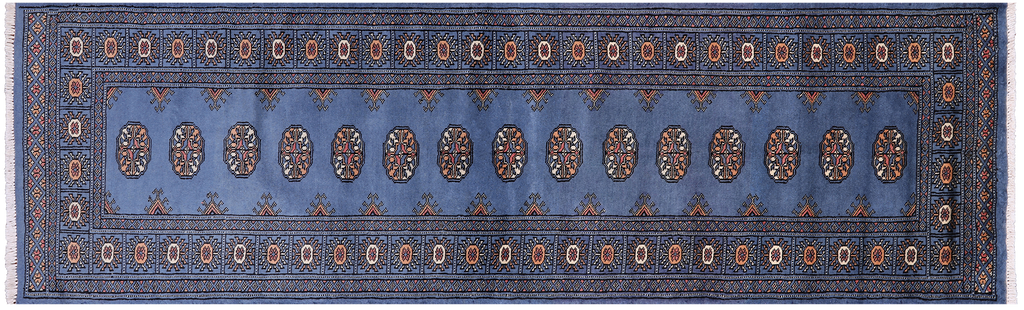 Blue 2' 6" X 8' 2" Runner Silky Bokhara Hand-Knotted Wool Rug - Q24829