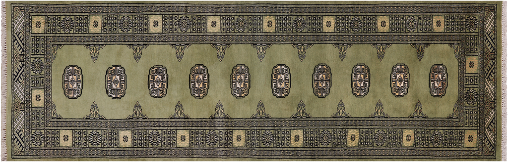 Green 2' 7" X 8' 2" Runner Silky Bokhara Handmade Wool Rug - Q24844