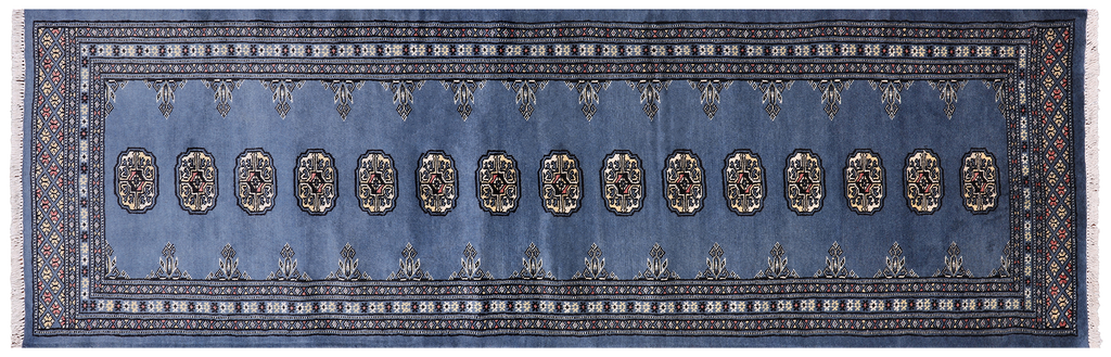 Blue 2' 6" X 8' 2" Runner Silky Bokhara Hand-Knotted Wool Rug - Q24846