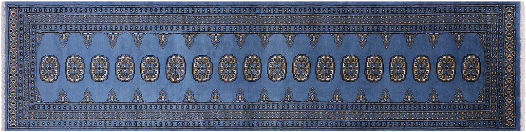 Blue 2' 6" X 10' 0" Runner Silky Bokhara Hand-Knotted Wool Rug - Q24869