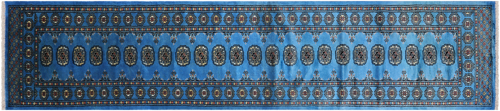 Blue 2' 7" X 12' 2" Runner Silky Bokhara Handmade Wool Rug - Q24905
