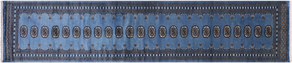 Blue 2' 5" X 12' 5" Silky Bokhara Hand-Knotted Wool Runner Rug - Q24912