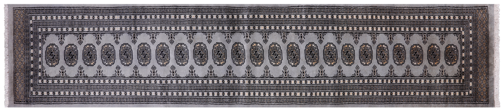Grey 2' 6" X 12' 1" Runner Silky Bokhara Hand Knotted Wool Rug - Q24917