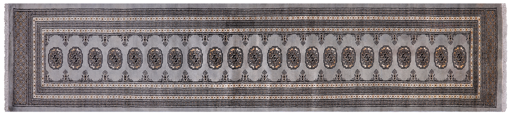 Grey 2' 7" X 12' 5" Silky Bokhara Hand-Knotted Wool Runner Rug - Q24919