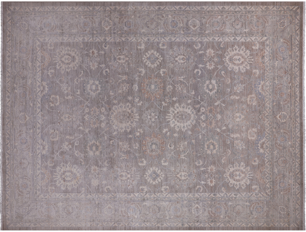 Grey 8' 11" X 11' 11" Turkish Oushak Washed Out Hand Knotted Wool Rug - Q24972