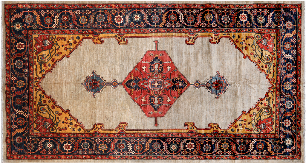 Ivory 6' 2" X 11' 8" Persian Heriz Serapi Handmade Wool Rug - Q24990