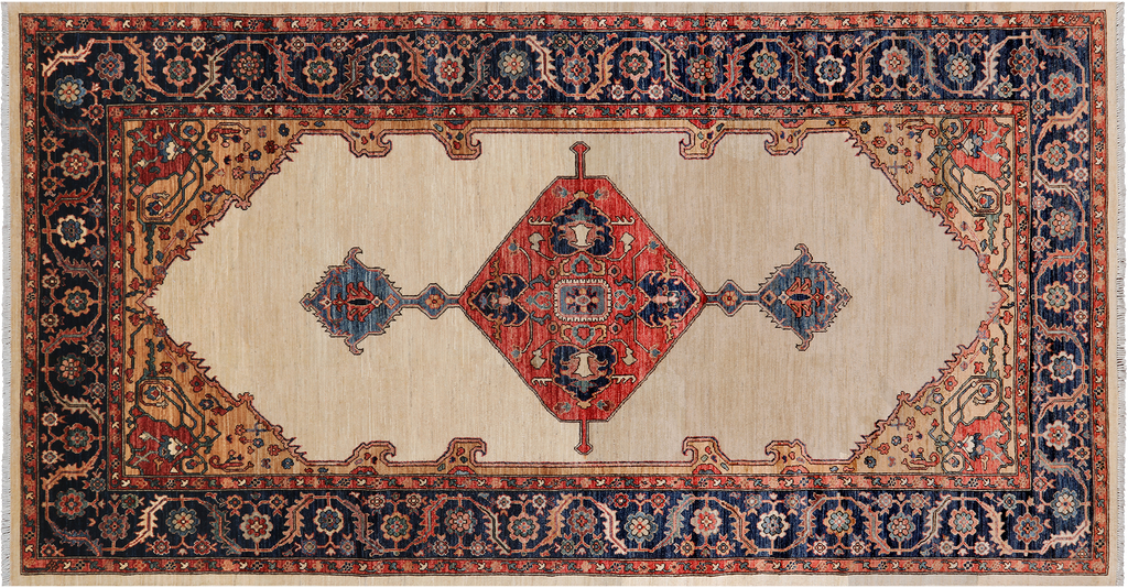 Ivory 6' 2" X 11' 9" Persian Heriz Serapi Handmade Wool Rug - Q24996