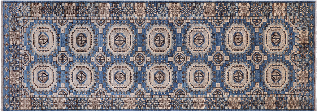 Blue 4' 0" X 11' 4" Runner Super Turkmen Ersari Handmade Wool Rug - Q25014