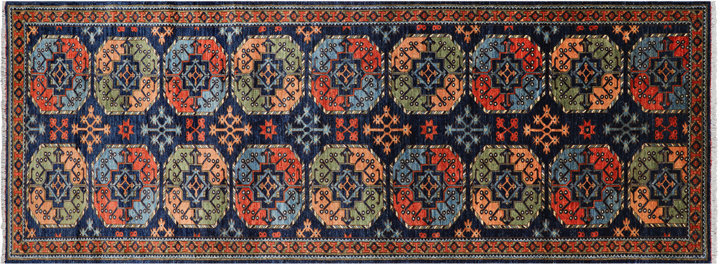 Blue 4' 2" X 11' 8" Runner Super Turkmen Ersari Hand Knotted Wool Rug - Q25015